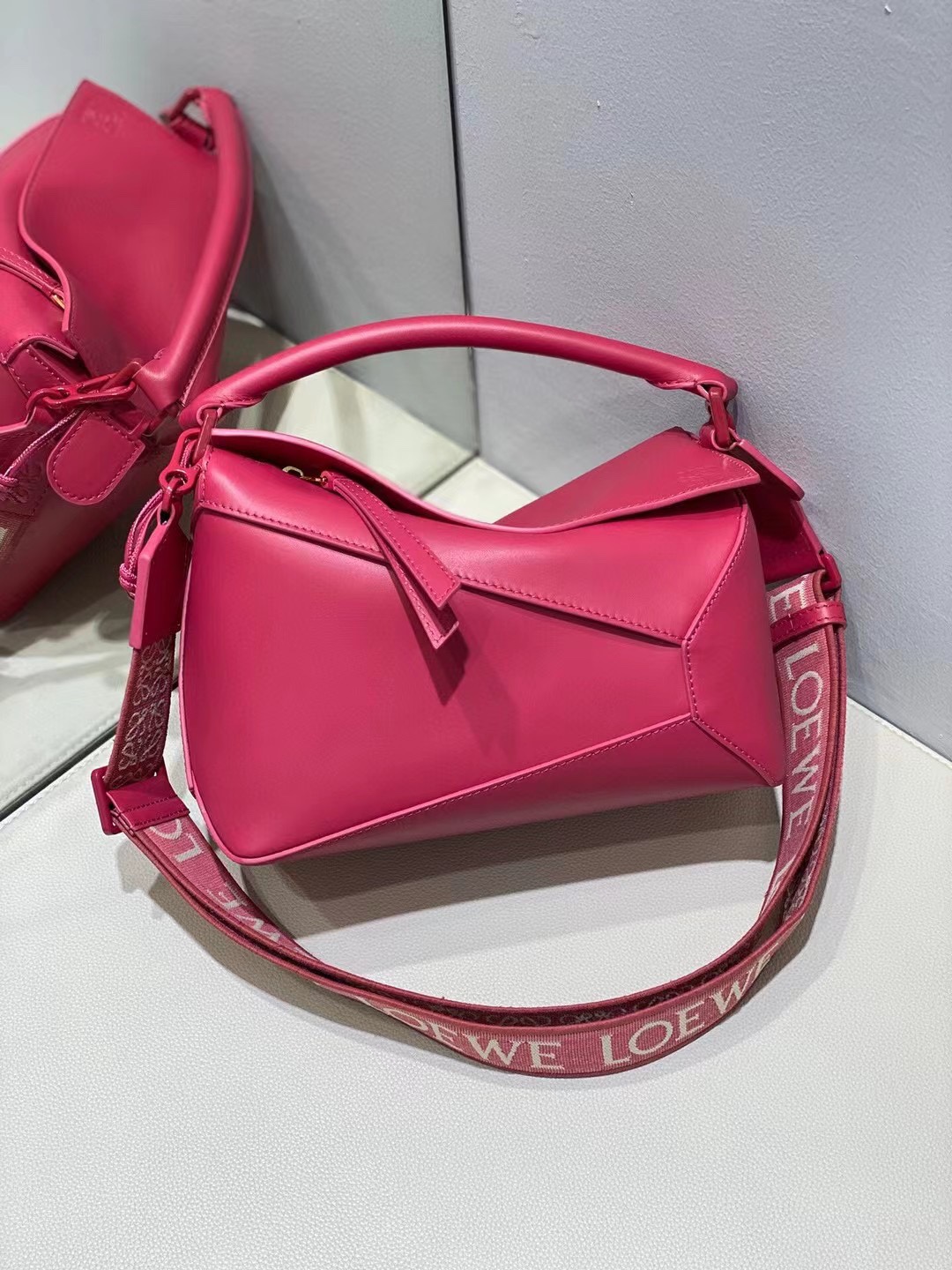 Loewe Small Puzzle Bag in Satin Calfskin Rose Red